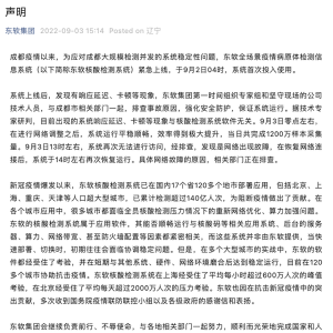 东软集团回应成都核酸系统“崩了”：为网络故障，具体原因正在排查