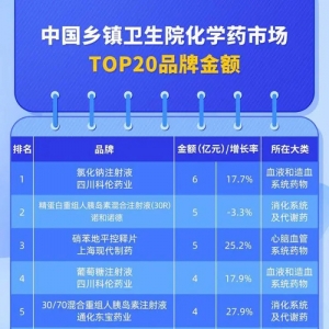 中国乡镇卫生院化学药市场TOP 20出炉，抗感染药175亿元位居第一